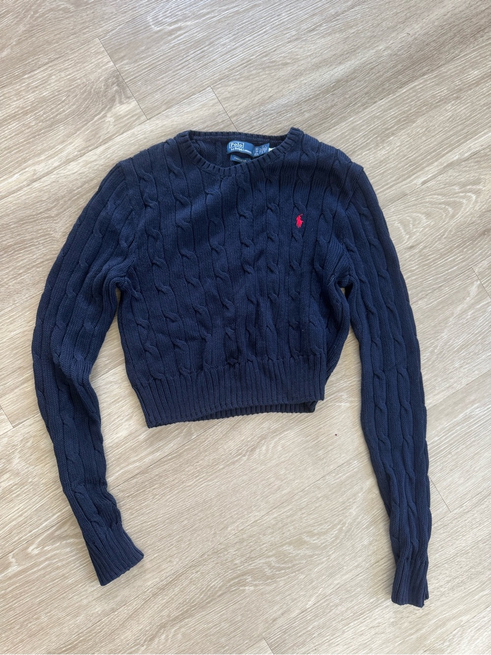 Ralph Lauren Navy Cable-Knit Cropped Crewneck Sweater with Red Polo Logo